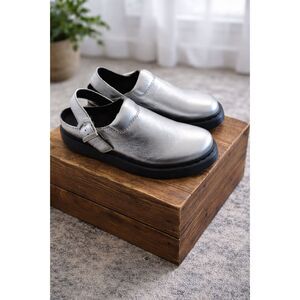 Dr. Martens Silver Leather Clogs Size 10 | Metallic Platform Slip-On Shoes